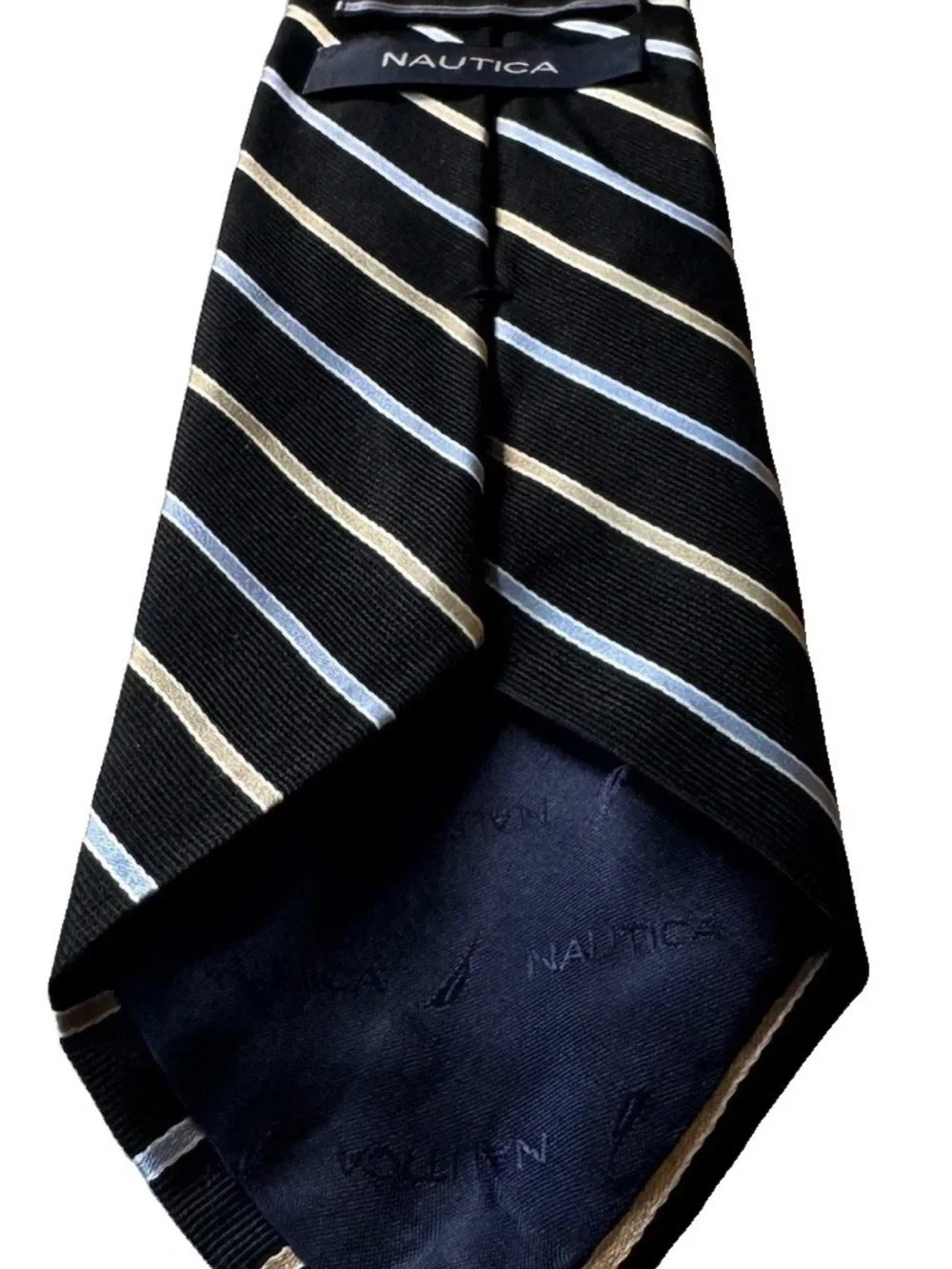 Nautica Black Blue and Tan Striped Rep Necktie
